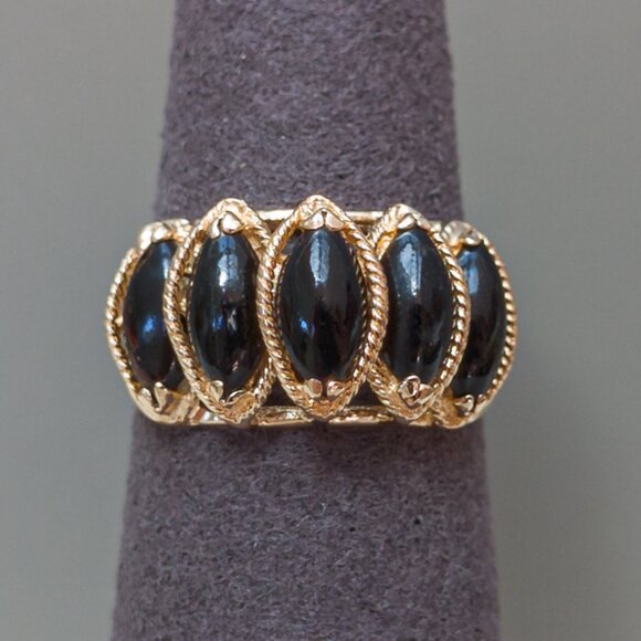 14K Gold 5-Stone Black Coral Ring – Marquise Cabochons, Size 5¼ - Picture 14 of 16
